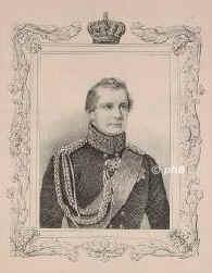 BRANDENBURG-PREUSSEN: Wilhelm I., Knig von Preuen u. Deutscher Kaiser, 1797 - 1888, Berlin, Berlin, Regent 186188. Zweiter Sohn von Knig Friedrich Wilhelm III. (17701840) u. Luise von MecklenburgStrelitz (17761810); vermhlt 1829 mit Auguste von SachsenWeimar (18111890).  Jngerer Bruder von Knig Friedrich Wilhelm IV. (17951861), dem er nachfolgt u. fr den er seit 1858 die Regentschaft fhrte. Berief Bismarck 1862 zum preu. Ministerprsidenten. 1871 in Versailles zum ersten Deutschen Kaiser proklamiert., Portrait, FEDERLITHOGRAPHIE:, ohne Adresse, [1840]