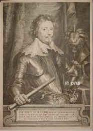 NASSAU-ORANIEN: Friedrich Heinrich (Frederik Hendrik), Prinz von Oranien, Graf von Nassau-Dillenburg, 1584 - 1647, Delft, Den Haag, Regent 1625–47. Jüngster Sohn Wilhelms des Schweigers (1533–1584), aus 4. Ehe mit Louise de Coligny (1555–1620); vermählt 1625 mit Amalie zu Solms–Braunfels (1602–1675). – Jüngerer Halbbruder von Moritz von Oranien (1567–1625) und sein Nachfolger als 3. Statthalter der Generalstaaten. – Besetzte 1615 Bielefeld und Herford, eroberte 1629 's Hertogenbosch, 1632 Maastricht, 1637 Breda von den Spaniern., Portrait, KUPFERSTICH:, Ant. van Dyck pinx. –  Paulus Pontius sc.