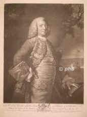 Anson, George (1747 baron Anson), 1697 - 1762, Shugborough (Staffordshire), Moor Park (Hertfordshire), Englischer Admiral und Marinereformer, 1740–44 Weltumsegler, umrundete Kap Horn 1740, landete in Peru und Chile., Portrait, MEZZOTINTO:, J. Reynolds pinx. –  J. McArdell sc.