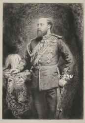 ENGLAND: Eduard (Edward) VII., Knig von Grobritannien u. Irland, Kaiser von Indien, 1841 - 1910, Buckingham Palace, Buckingham Palace, Regent 190110. ltester Sohn (u. Nachfolger) von Knigin Victoria (18191901) u. Albert von SachsenCoburg u. Gotha (18191861); vermhlt 1863 mit Alexandra von Dnemrak (18441925), Tochter von Knig Christian IX..  Vater seines Nachfolgers Knig Georg V., Portrait, RADIERUNG:, Ch. Waltner del. et sc. [1878]