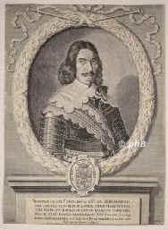 SACHSEN: Bernhard, Herzog zu Sachsen-Weimar, 1604 - 1639, Weimar, bei Neuenburg (Baden) [gefallen], Zehnter (jngster) Sohn von Johann, Herzog zu SachsenWeimar u. Jena (15701605) u. Dorothea Marie von Anhalt (15741617); unvermhlt.  Bedeutender Feldherr im Dreiigjhrigen Krieg, bernahm nach Gustaf Adolfs Tod (1632) die Fhrung der schwedischen Truppen, 1635 Niederlage gegen die Kaiserlichen bei Nrdlingen, trat darauf in franzsischen Sold, 1638 Sieg bei Rheinfelden u. Eroberung von Breisach., Portrait, KUPFERSTICH:, Johann Drr sc.