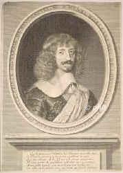 Longueville, Henry II d'Orlans, duc de, 1595 - 1663, , Rouen, Franzsischer General und Staatsmann. bernahm 1639 die Armee Bernhards von Weimar in Breisach, nahm Oppenheim, Neustadt a.d.Haardt, Bingen, Kreuznach, 1640 Friedberg, Braunfels, Langensalza, Saalfeld. 1645-47 Friedensgesandter in Mnster, dann Gouverneur der Normandie (als solcher beteiligt an der Fronde).  Durch seine 2.Gemahlin AnneGenevive de BourbonCond (161979) Schwager des groen Cond., Portrait, KUPFERSTICH:, Champaigne pinx.  Nanteuil sc.