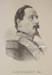 FRANKREICH: Napolon III. (Bonaparte), gen. Louis Napolon, Kaiser der Franzosen, 1808 - 1873, Paris, Chislehurst (England), 184852 als Louis Napolon Bonaparte Prsident der Zweiten Republik, 185270 Kaiser der Franzosen.  Dritter Sohn von Louis Bonaparte, Knig von Holland (17781846) [jngerer Bruder Napoleons I.]; u. Hortense de Beauharnais (17831837); vermhlt 1853 mit Eugenia de Guzman, Grfin Teba y Montijo (18261920).  Durch die Niederlage von Sedan 2.9.1870 gestrzt und gefangen., Portrait, LITHOGRAPHIE:, ohne Adresse, um 1860