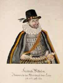 SACHSEN: Friedrich Wilhelm I., Herzog von Sachsen-Altenburg, 1562 - 1602, Weimar, Weimar, Regent 15731602. ltester Sohn von Kurfrst Johann Friedrichs des Gromtigen zweitem Sohn Johann Wilhelm von SachsenWeimarCoburg  (15301573) u. Dorothea Susanna  Pfalzgrfin von Simmern  (15441564), Tochter von Kurfrst Friedrich III.; vermhlt 1) 1583 mit Sophie von Wrttemberg (15631590), Tochter von Herzog Christoph I.; 2) 1591 mit Anna Maria, Pfalzgrfin von BayernNeuburg (15751643), Tochter von Pfalzgraf Philipp Ludwig.  15911601 Administrator von Kursachsen fr den minderjhrigen Kurfrsten Christian II. (15831611).  Stammvater der Altenburgischen Linie., Portrait, UMRISSRADIERUNG mit Kolorit:, [A. Ullrich sc., um 1818]