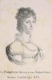 FRANKREICH: Marie Thrse Charlotte de France, duchesse d'Angoulme, 1824-30 Dauphine von Frankreich, 1778 - 1851, Versailles, Frohsdorf (Schlo) bei Grz nahe Wien(?), Einziges die Revolutionszeit berlebendes Kind von Knig Ludwig XVI. (17541793) u. Marie Antoinette von sterreich (17551793); vermhlt 1799 mit ihrem Cousin Louis Antoine de Bourbon, duc d'Angoulme (17751844), ltester Sohn des nachmal. Knigs Karl X. (17571836), Portrait, LITHOGRAPHIE:, ohne Adresse [B. van Hove ?, um 1825]