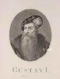 SCHWEDEN: Gustav I. Eriksson, Knig von Schweden, 1496 - 1560, Lindholmen, Stockholm, Regent 152123, Knig 152360. Dynastie Vasa. ltester Sohn von Reichsrat Erik Johansson Vasa (14701520) u. Cecilia Magnusdotter Eka (+1522/23); vermhlt 1) 1531 mit Katharina von Sachsen Lauenburg (15131535); 2) 1536 mit Margareta Eriksdotter  Leijonhufvud (15161551); 3) 1552 mit deren Nichte Katharina Stenbock (15351621).  1518 Gefangener in Dnemark, entkam 1519 nach Lbeck, 1521 Fhrer im Kampf gegen die dnische Fremdherrschaft, fhrte 1527 die Reformation in Schweden ein, 1544 Ausrufung der Erbmonarchie., Portrait, PUNKTIERSTICH:,  L. Pasch p.  Fr. Bolt sc. 1801