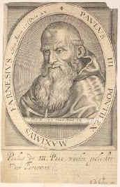 PAPST: Paul III. (Alessandro Farnese), , 1468 - 1549, Canino (od Rom?), Rom, Regent 153449.  Kardinal 1494, Bischof von Parma und Ostia 1509.  Begrndete als Papst einerseits die frstliche Stellung des Hauses Farnese durch die bertragung der Herzogtmer Parma u. Piacenza an seinen natrlichen Sohn Pier Luigi 1540, andererseits mit der Besttigung der Jesuiten 1540, der Neugrndung der Inquisition 1542 als Hl.Offizium u. der Erffnung des Konzils von Trient 1545 den Beginn der kathol. Gegenreformation. [Mortzfeld], Portrait, KUPFERSTICH:, N. de Clerck exc.