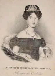 HESSEN: Auguste Wilhelmine Luise, Landgrfin von Hessen-Kassel, 1818 Herzogin von Cambridge, 1797 - 1889, Rumpenheim (Schlo), St James' Palace, Dritte (jngste) Tochter von Landgraf Friedrich von HessenKassel (17471837) u. Karoline von NassauUsingen (17621823); vermhlt 1818 mit Prinz Adolf Friedrich (Adolphus Frederick) von Grobritannien, Irland u. Hannover, Herzog von Cambridge (17741850). [> ENGLAND: Auguste Wilhelmine Luise, Portrait, LITHOGRAPHIE:, ohne Adresse