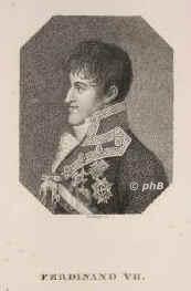 SPANIEN: Ferdinand (Fernando) VII., Knig von Spanien, 1784 - 1833, San Ildefonso, Madrid, Regent 1808 u. 181433. ltester berlebender Sohn von Knig Karl IV. (17481819) u. Maria Luisa von BourbonParma (17511819); vermhlt 1) 1802 mit Maria Antonia (17841806), Tochter von Ferdinand I. von Sizilien; 2) 1816 mit Infantin Maria Isabella (17971818), Tochter von Johann VI. von Portugal; 3) 1819 mit Josepha von Sachsen (18031829), Tochter von Prinz Maximilian; 4) 1829 mit Marie Christine (18061878), Tochter von Franz I., Knig beider Sizilien., Portrait, PUNKTIERSTICH:, Bollinger sc.