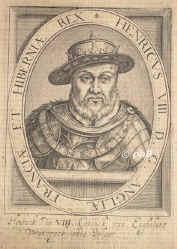 ENGLAND: Heinrich (Henry) VIII., Knig von England u. Irland, 1491 - 1547, Greenwich Palace, London, Regent 150947, Haus Tudor. Zweiter (ltester berlebender) Sohn u. Nachfolger von Knig Heinrich VII. (14561509) u. Elizabeth of York Plantagenet (14651503), Tochter von Knig Eduard IV.; vermhlt 1) 1509 mit Catalina von Aragon (14851536), geschieden 1533; 2) 1533 Anna Boleyn (15071536), enthauptet; 3) 1536 Jane Seymour (15091537); 4) 1539 Anna von Cleve (15151557), geschieden 1539; 5) 1540 Catherine Howard (15201542, enthauptet); 6) 1543 Catherine Parr (c.15121548).  Fhrte 1535 die Lsung der englischen von der ppstlichen Kirche durch (Act of Supremacy)., Portrait, KUPFERSTICH:, [N. de Clerck exc.]