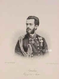 SAVOYEN: Amedeo Ferdinando Maria, Herzog von Aosta, 1870-73 (als Amadeo I.) Knig von Spanien, 1845 - 1890, Turin, Turin, Zweiter Sohn von Knig Viktor Emanuel II. von Italien (18201878) aus 1.Ehe mit Erzherzogin Adelheid von sterreich (18221855); vermhlt 1) 1867 mit Maria Vittoria del Pozzo, Prinzessin della Cisterna (18461876); 2) 1888 mit Prinzessin Marie Letizia Bonaparte (18661926) [Tochter von Amadeus' Schwester Clotilda u. Prinz Jrme  Napolon].  Nach dem Sturz der spanischen Bourbonen von den Cortes 1870 zum Knig gewhlt, dankte ab 1873.  Jngerer Bruder von Knig Umberto I. von Italien (18441900 ermordet). [> SPANIEN: Amadeus I., Portrait, STAHLSTICH:, Weger sc.