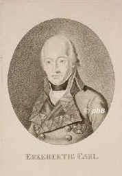 DEUTSCHER ORDEN: Karl II. (Ludwig), Erzherzog von sterreich, Herzog von Teschen, 1801-04 Hoch- u. Deutschmeister, 1771 - 1847, Florenz, Wien, Dritter Sohn von Kaiser Leopold II. (17471792) u. Maria Ludovica von Spanien (17451792), Tochter von Knig Karl III.; vermhlt 1815 mit Henriette von NassauWeilburg (17971829).  Feldherr in den napoleon. Kriegen. 1793/94 Generalstatthalter der sterr. Niederlande, Oberbefehlshaber der Rheinarmee, 1797 Statthalter u. Generalkapitn in Bhmen, 1801 kaiserl. Feldmarschall. 180104 Hoch u. Deutschmeister, 1806 Generalissimus. 1815 Gouverneur von Mainz.  Militr. Schriftsteller. [> STERREICH: Karl (Ludwig):, Portrait, PUNKTIERSTICH:, schwedisch, ohne Adresse