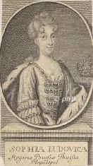 MECKLENBURG: Sophie Luise, Prinzessin von Mecklenburg-Schwerin, 1708 Knigin in Preuen, 1685 - 1735, Grabow, Schwerin, Tochter von Herzog Friedrich I. von MecklenburgGrabow (16381688) u. Landgrfin Christine Wilhelmine von HessenHomburg (16531722); 1708 dritte Gemahlin von Knig Friedrich I. in Preuen [zuvor Kurfrst Friedrich III.] (16571713). [> BRANDENBURGPREUSSEN:, Portrait, KUPFERSTICH:, [Bernigeroth sc.]