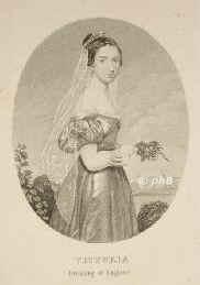 ENGLAND: Victoria (Alexandrina Victoria), Knigin von Grobritannien u. Irland, 1877 Kaiserin von Indien, 1819 - 1901, Kensington Palace, Osborne House (Isle of Wight), Regentin 18371901. Tochter von Georgs III. jngerem Sohn Edward Augustus, Duke of Kent (17671820) u. Viktoria Mary von SachsenCoburgSaalfeld (17861861); vermhlt 1840 mit Prinz Albert von SachsenCoburgGotha (18191861).  Folgte ihrem Onkel Wilhelm IV. (17651837).  Mutter von Knig Eduard (Edward) VII. (18411910) u. Victoria, Knigin von Preuen u. Deutsche Kaiserin (18401901)., Portrait, STAHLSTICH:, schwedisch, um 1840.