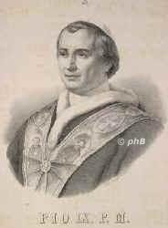 PAPST: Pius IX. (Giovanni Maria conte Mastai-Ferretti), , 1792 - 1878, Senigallia, Rom, Regent 184678. Erzbischof von Spoleto 1827, Bischof von Imola 1832, Kardinal 1840.  1870 Verkndigung des Unfehlbarkeitsdogmas, 20.9.1870 Ende der weltlichen Herrschaft des Papsttums., Portrait, LITHOGRAPHIE:, H. Jessen [um 1850]