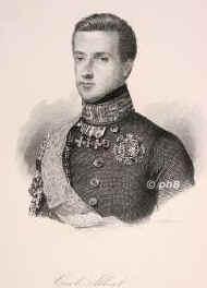 SAVOYEN: Karl Albert (Carlo Alberto), Knig von Sardinien, 1798 - 1849, Paris, Porto (Portugal), Regent 18311849, dankte ab. Einziger Sohn von Prinz Karl Emanuel von SavoyenCarignan (17701800) u. Maria Christina von Sachsen (17791851), Tochter von Herzog Karl von Sachsen u. Kurland; vermhlt 1817 mit Erzherzogin Maria Theresa von sterreichToscana (18011855)  Nachfolger von Knig Karl Felix (17651831)., Portrait, STAHLSTICH:, L. Sichling sc. [um 1850]